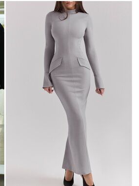 House of CB Long Sleeve Grey Fitted Maxi Dress
